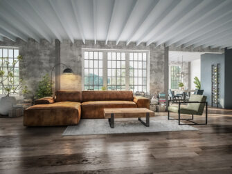 bruin leren bank met chaise longue