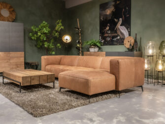 Bank Pertuis 3 zits arm links breed chaise longue rechts antigo leer cognac met salontafels marina