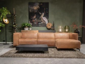 Bank Pertuis 3 zits arm links breed chaise longue rechts antigo leer cognac met salontafels bari