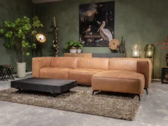 Bank Pertuis 3 zits arm links breed chaise longue rechts antigo leer cognac met salontafels bari