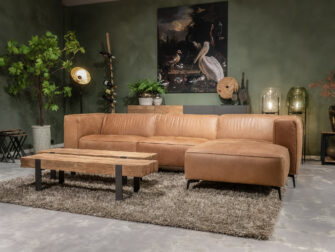 Bank Pertuis 3 zits arm links breed chaise longue rechts antigo leer cognac met salontafels ferro