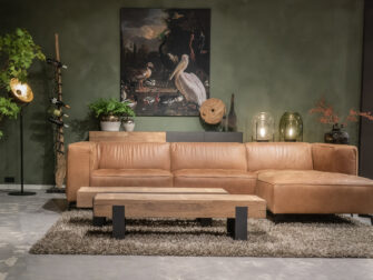 Bank Pertuis 3 zits arm links breed chaise longue rechts antigo leer cognac met salontafels verona
