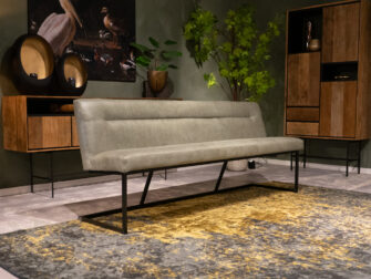 lichtroene lange eetkamerbank stof