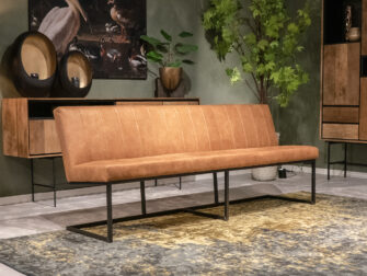 cognac lederen eetkamerbank stalen frame