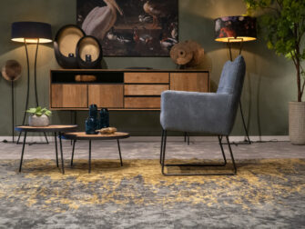 blauwe leren eetkamerstoel met leuning