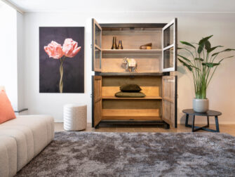 zwarte opbergkast met glazen deuren