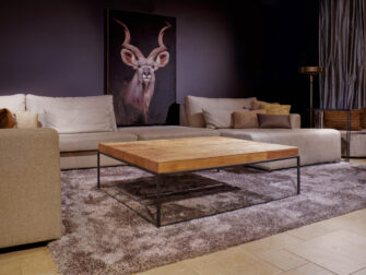 teak houten salontafel stalen onderstel