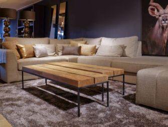 teak houten salontafel stalen onderstel