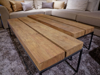 teak houten salontafel stalen onderstel