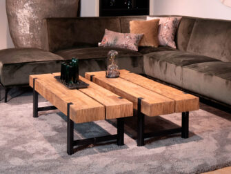 teak houten salontafel stalen onderstel
