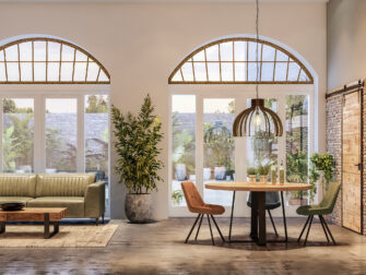 ronde eiken tafel met rank stalen onderstel