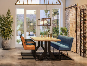 eettafel bankje met industriele tafel