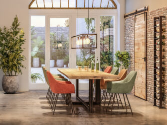 grote industriele eetkamertafel met kuipstoelen