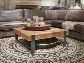 Salontafel Ferro - gemaakt uit 10cm massief gerecycled teak, Hier getoond in de maat 100x100cm